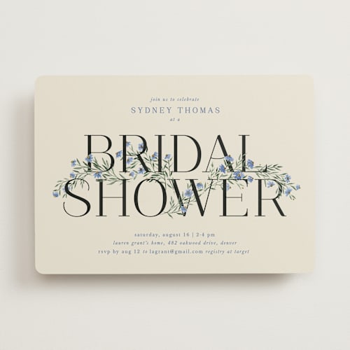 This is a periwinkle bridal shower invitations with standard by Kate Ahn called coneflower garland printing on signature in standard