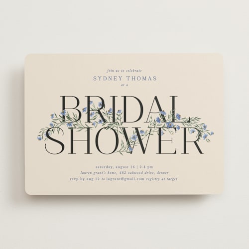 This is a periwinkle bridal shower invitations with standard by Kate Ahn called coneflower garland printing on signature in standard