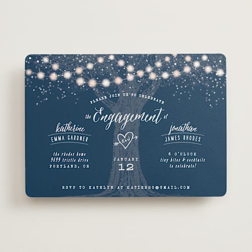 This is a navy engagement party invitations with standard by Hooray Creative called garden lights printing on signature in standard