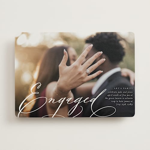 This is a snow engagement party invitations with standard by Lori Wemple called engaged printing on signature in standard