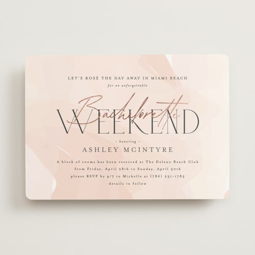 This is a blush bachelorette party invitations with foil pressed by Jennifer Postorino called rose the day away printing on signature in standard