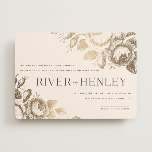 This is a blush foil stamped wedding invitations with foil pressed by Design Lotus called beloved printing on signature in standard