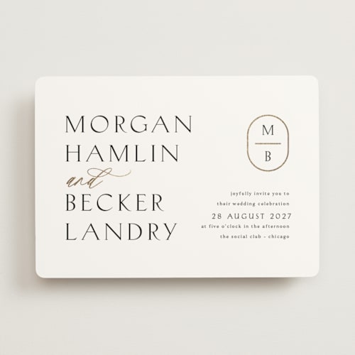 This is a snow foil stamped wedding invitations with foil pressed by Kaydi Bishop called postcard printing on signature in standard