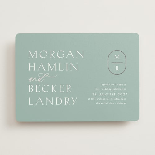 This is a ocean foil stamped wedding invitations with foil pressed by Kaydi Bishop called postcard printing on signature in standard