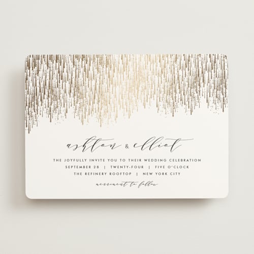 This is a golden foil stamped wedding invitations with foil pressed by Kristie Kern called sparkle + shine printing on signature in standard