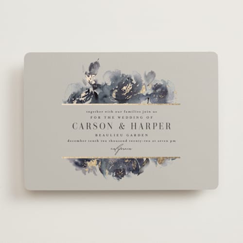 This is a midnight foil stamped wedding invitations with foil pressed by Lori Wemple called enchanted blooms printing on signature in standard
