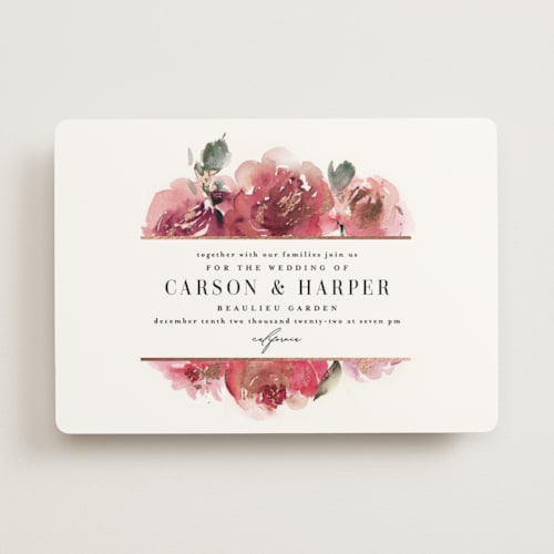 This is a rose foil stamped wedding invitations with foil pressed by Lori Wemple called enchanted blooms printing on signature in standard
