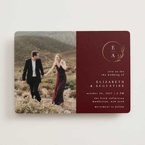 This is a ruby foil stamped wedding invitations with foil pressed by Ana de Sousa called for eternity printing on signature in standard