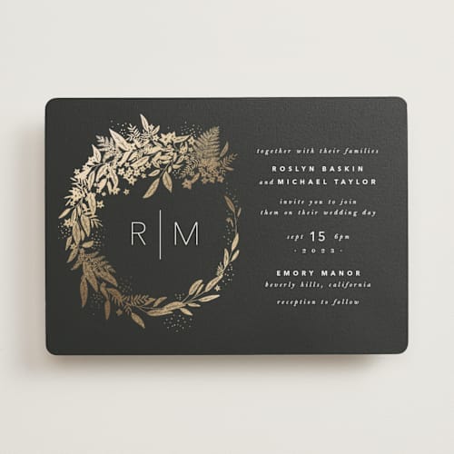This is a ebony foil stamped wedding invitations with foil pressed by Leah Bisch called gather printing on signature in standard