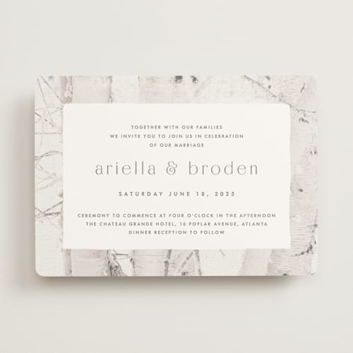 This is a natural wedding invitations with standard by Melanie Severin called winter birch printing on signature in standard