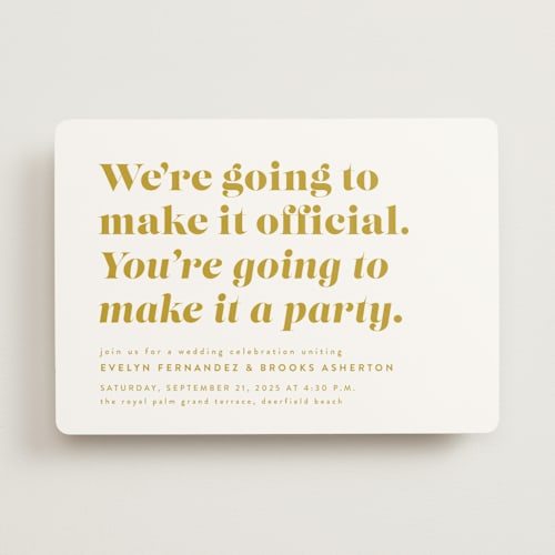 This is a mustard wedding invitations with standard by Lea Delaveris called make it official printing on signature in standard