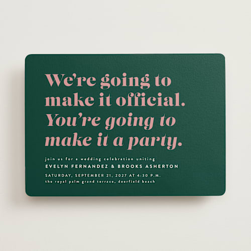 This is a tropical wedding invitations with standard by Lea Delaveris called make it official printing on signature in standard