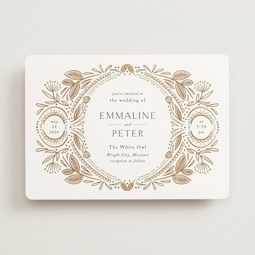 This is a honey wedding invitations with standard by Jen Owens called charmed printing on signature in standard