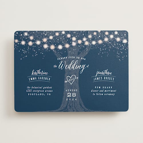 This is a navy wedding invitations with standard by Hooray Creative called garden lights printing on signature in standard