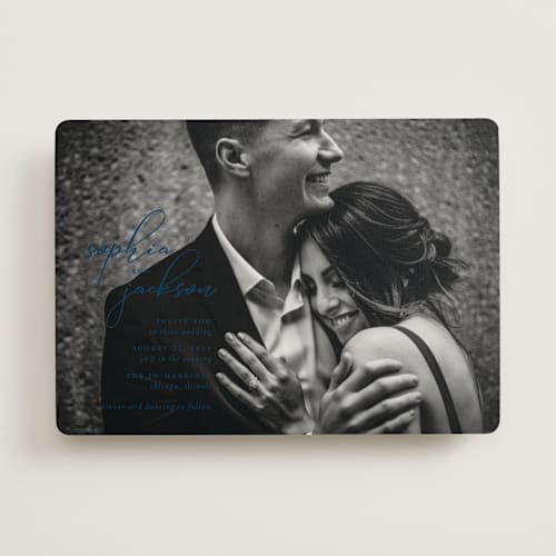 This is a navy wedding invitations with standard by Laura Hamm called kindly join us printing on signature in standard