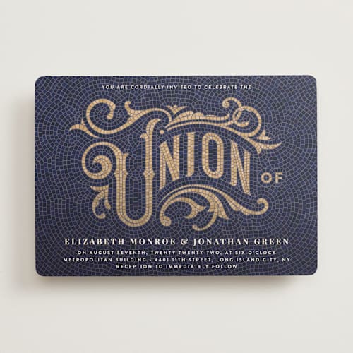 This is a navy wedding invitations with standard by GeekInk Design called mosaic printing on signature in standard