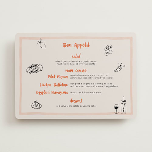 This is a peach menu cards with standard by Elly called dinner sketch printing on signature in standard