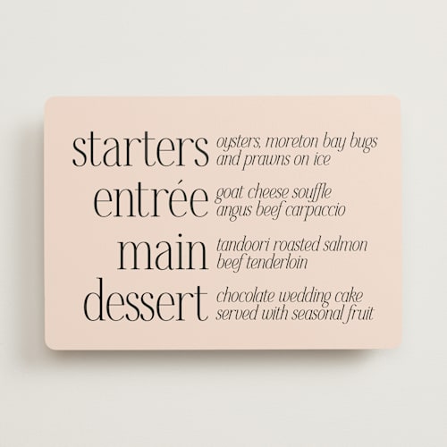 This is a champagne menu cards with standard by Hudson meet Rose called noho printing on signature in standard