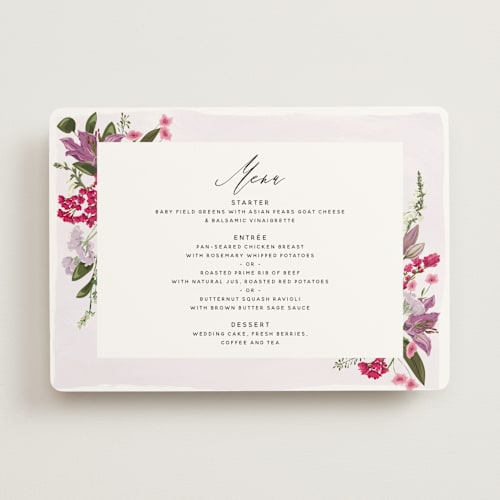 This is a lilac menu cards with standard by Susan Moyal called gather printing on signature in standard