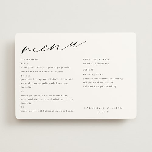This is a ecru menu cards with standard by Anna Elder called cielo printing on signature in standard