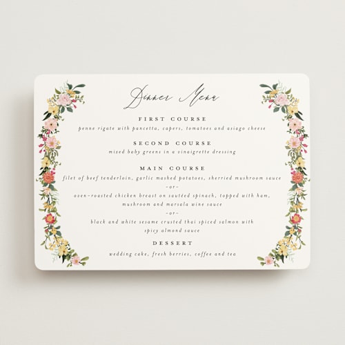 This is a tropical menu cards with standard by Susan Moyal called forest flowers printing on signature in standard