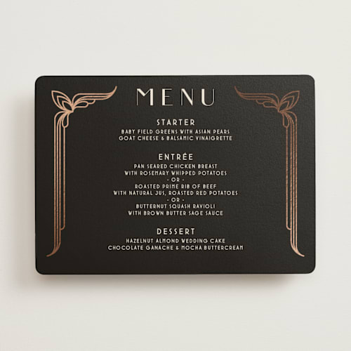 This is a midnight menu cards with foil pressed by GeekInk Design called geometric deco printing on signature in standard