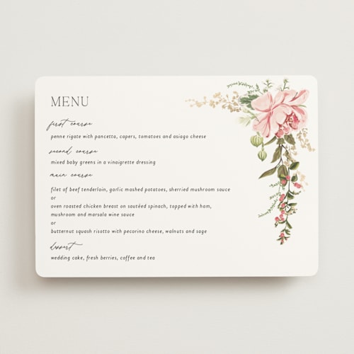 This is a peony menu cards with foil pressed by Susan Moyal called timeless blooms printing on signature in standard
