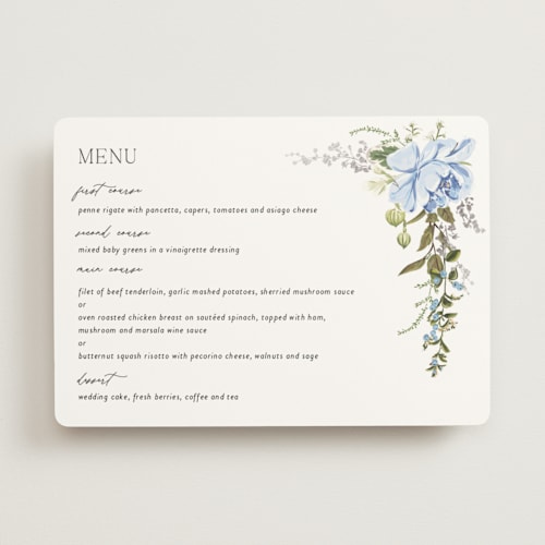 This is a azure menu cards with foil pressed by Susan Moyal called timeless blooms printing on signature in standard