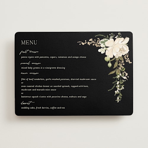 This is a tuxedo menu cards with foil pressed by Susan Moyal called timeless blooms printing on signature in standard