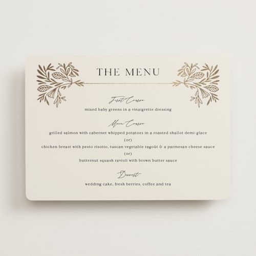This is a cream menu cards with foil pressed by Jen Owens called baroque printing on signature in standard