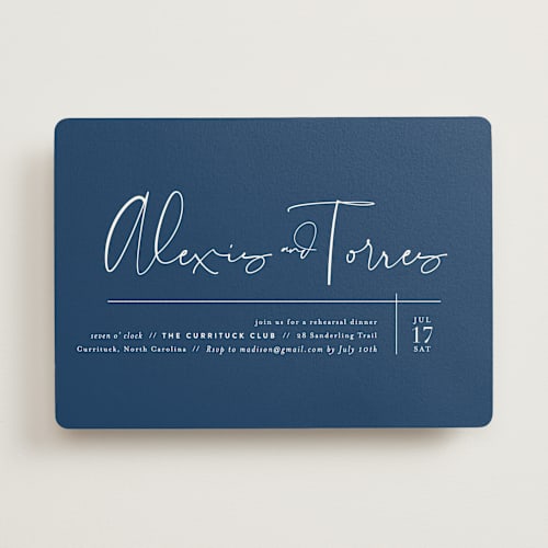 This is a navy rehearsal dinner invitations with standard by Jennifer Wick called just the two of us printing on signature in standard