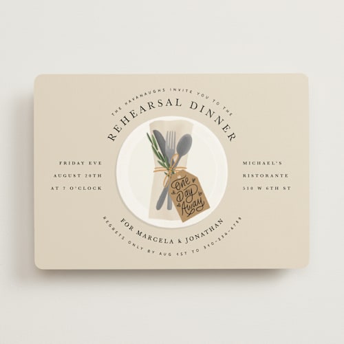 This is a tan rehearsal dinner invitations with standard by Becky Nimoy called one day away place setting printing on signature in standard