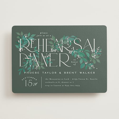 This is a sage rehearsal dinner invitations with standard by Alethea and Ruth called stacked type printing on signature in standard