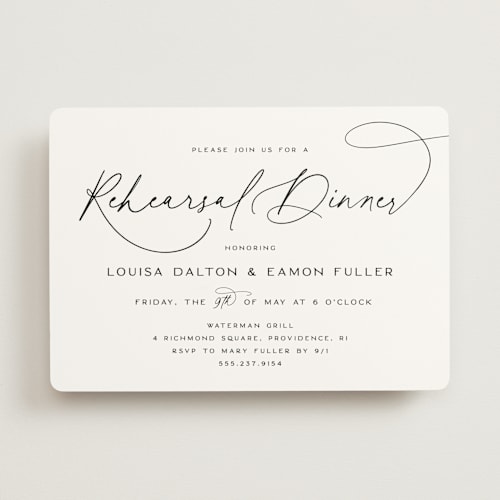 This is a peppercorn rehearsal dinner invitations with standard by Olivia Raufman called dashing script printing on signature in standard