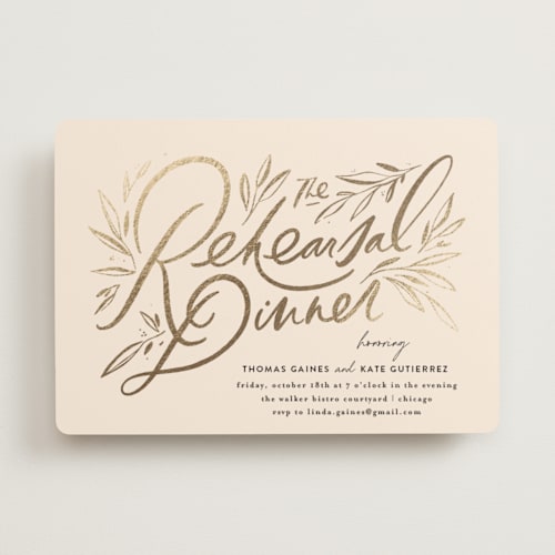 This is a almond rehearsal dinner invitations with foil pressed by Julie Murray called dinner fleur printing on signature in standard