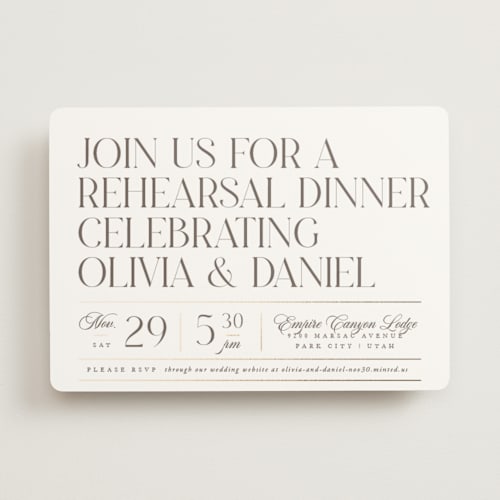 This is a linen rehearsal dinner invitations with foil pressed by Robert and Stella called headline printing on signature in standard