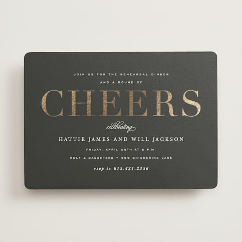 This is a smoke rehearsal dinner invitations with foil pressed by Sara Hicks Malone called cheers printing on signature in standard