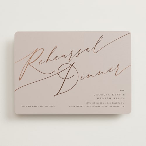 This is a hydrangea rehearsal dinner invitations with foil pressed by letterfix called flowy script printing on signature in standard