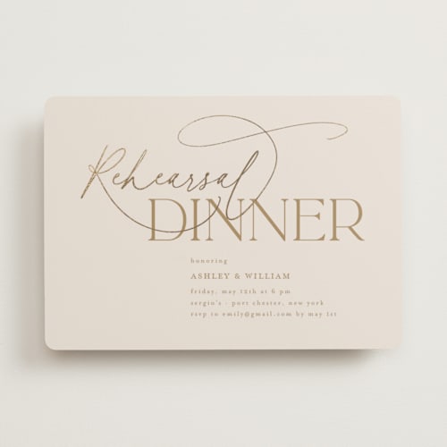 This is a champagne rehearsal dinner invitations with foil pressed by Nicole Barreto called typographical printing on signature in standard
