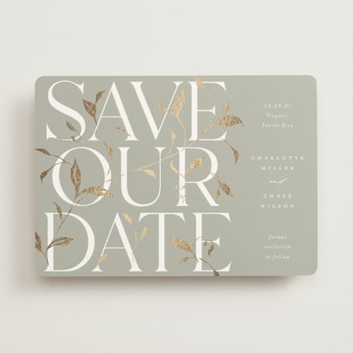 This is a spring foil stamped save the date cards with foil pressed by Erin L. Wilson called secret garden printing on signature in standard