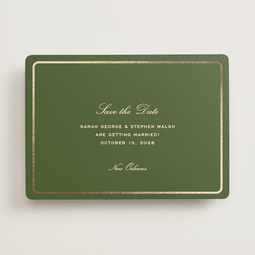 This is a olive foil stamped save the date cards with foil pressed by Megan Davis called aperitif printing on signature in standard