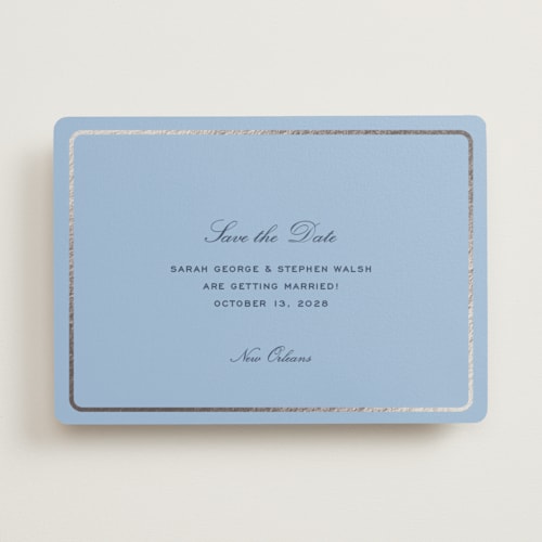 This is a sky foil stamped save the date cards with foil pressed by Megan Davis called aperitif printing on signature in standard
