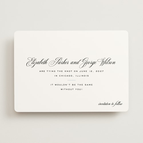 This is a pearl save the date with standard by Megan Davis called cannes printing on signature in standard
