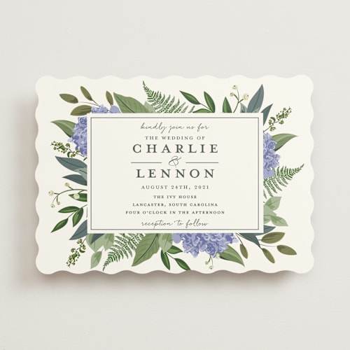 This is a periwinkle wedding invitations with standard by Susan Moyal called hydrangea frame printing on signature in standard