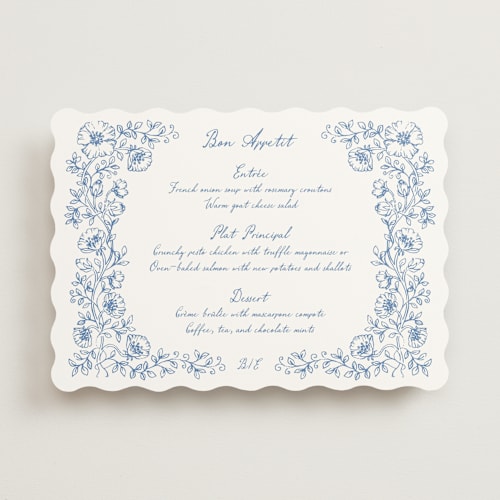 This is a periwinkle menu cards with standard by Anna Black called wild rose printing on signature in standard