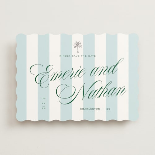 This is a low tide foil stamped save the date cards with foil pressed by Susan Zinader called palm stripes printing on signature in standard