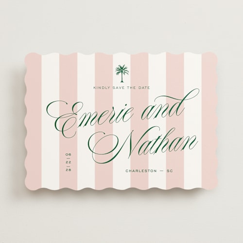 This is a taffy save the date with standard by Susan Zinader called palm stripes printing on signature in standard