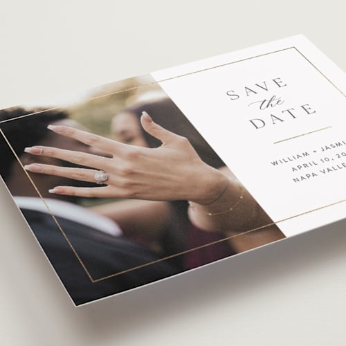 This is a cloud foil stamped save the date cards with foil pressed by Christie Garcia called classico printing on recycled smooth signature in grand