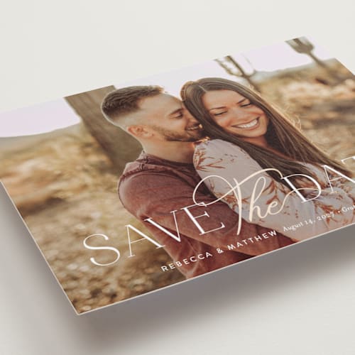 This is a sugar foil stamped save the date cards with foil pressed by Jessica Williams called enchanting printing on recycled smooth signature in grand