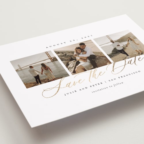 This is a pearl foil stamped save the date cards with foil pressed by Sarah Brown called topside printing on recycled smooth signature in grand